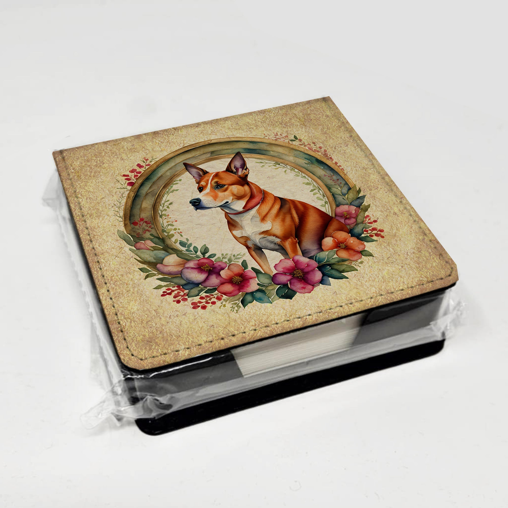 Basenji and Flowers PU Leather Note Paper Holder with Artist-Designed Cover, Desk Accessory, Office Gift