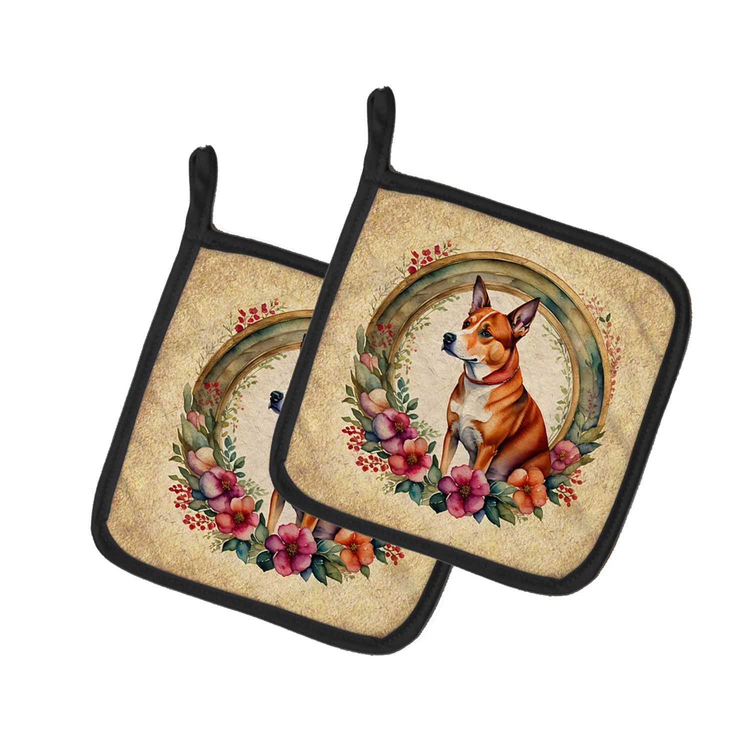 Basenji and Flowers Pot Holder Set of 2 Heat Resistant Quilted Hot Pads 7.5 x 7.5 Inch, Insulated Kitchen Trivets for Cooking & Baking