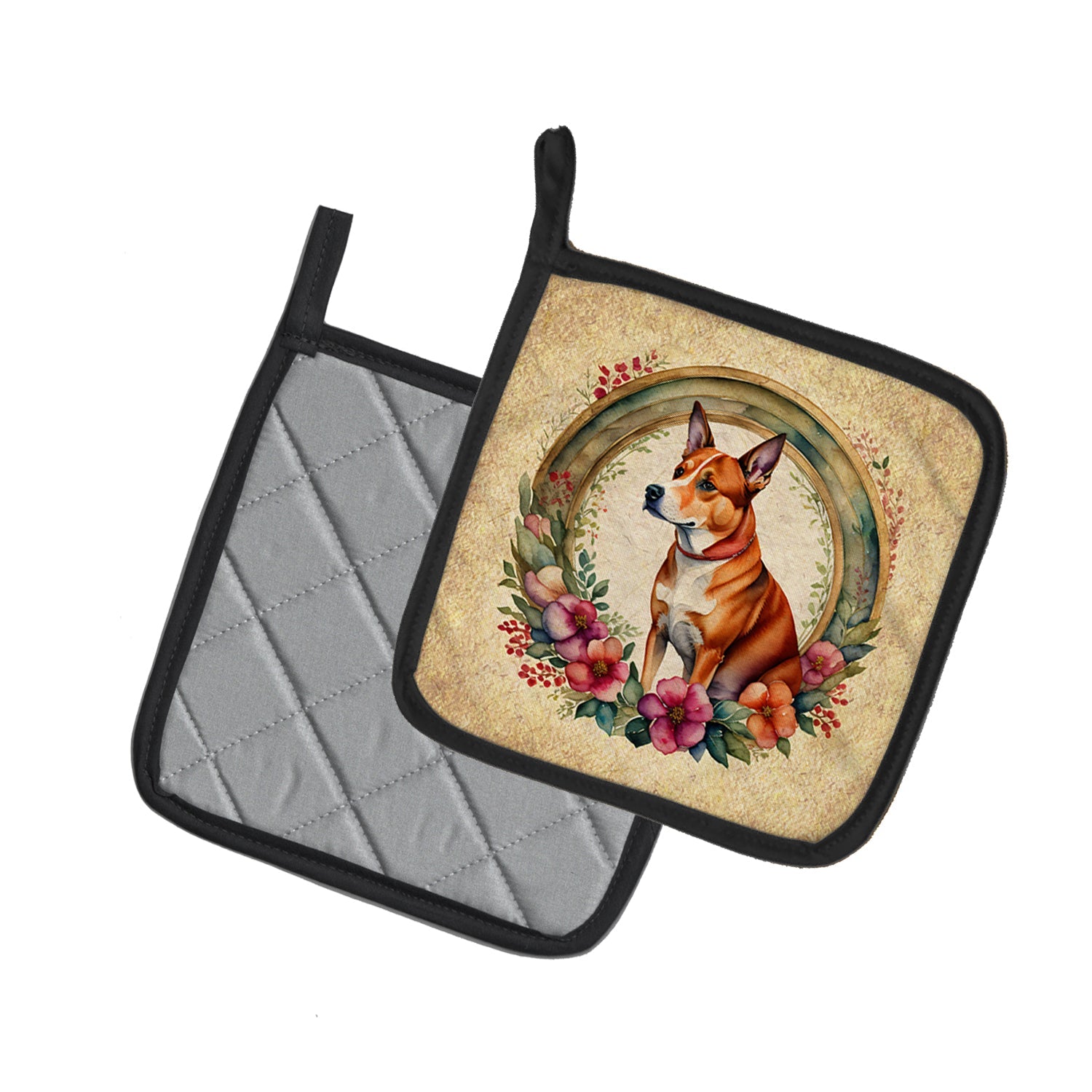 Basenji and Flowers Pot Holder Set of 2 Heat Resistant Quilted Hot Pads 7.5 x 7.5 Inch, Insulated Kitchen Trivets for Cooking & Baking