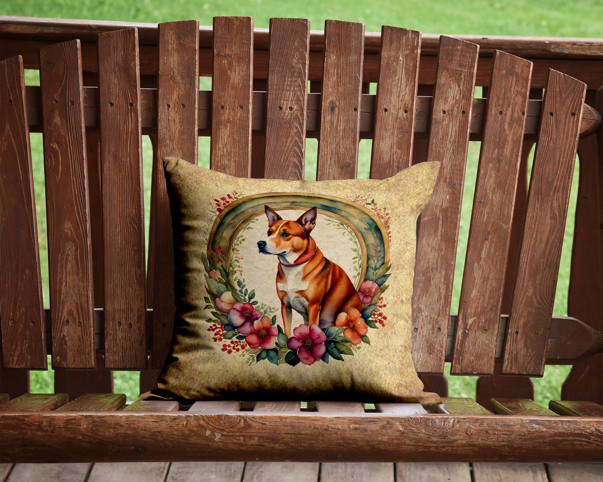 Basenji and Flowers Decorative Throw Pillow 14x14 Indoor Outdoor Accent Cushion, Fabric Cover with Insert for Sofa, Bed, Porch & Living Room