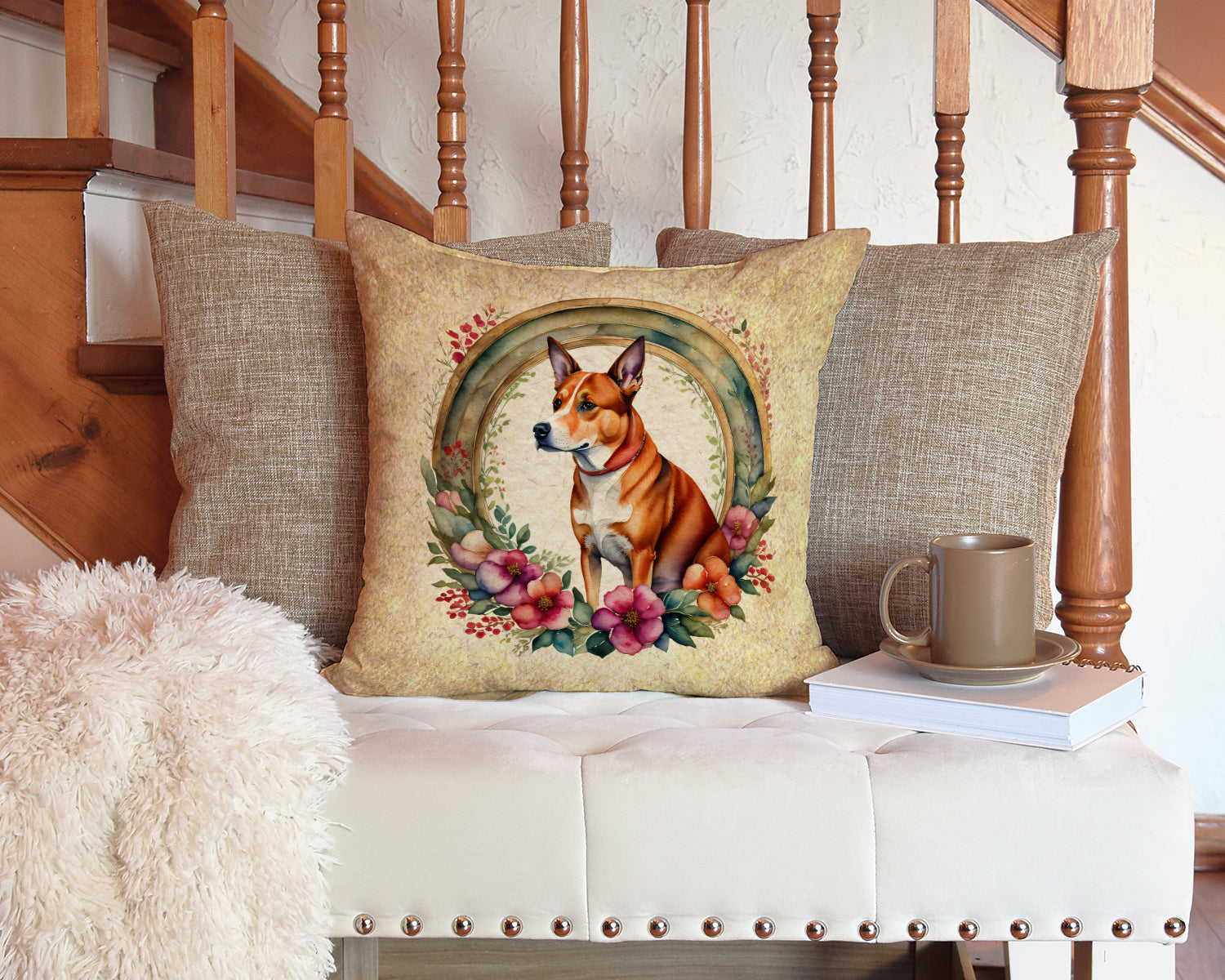 Basenji and Flowers Decorative Throw Pillow 14x14 Indoor Outdoor Accent Cushion, Fabric Cover with Insert for Sofa, Bed, Porch & Living Room
