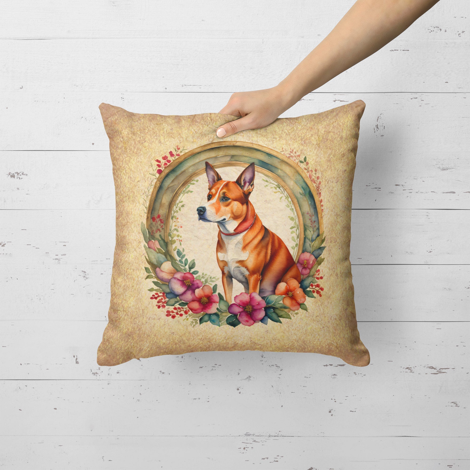 Basenji and Flowers Decorative Throw Pillow 18x18 Indoor Outdoor Accent Cushion, Fabric Cover with Insert for Sofa, Bed, Porch & Living Room