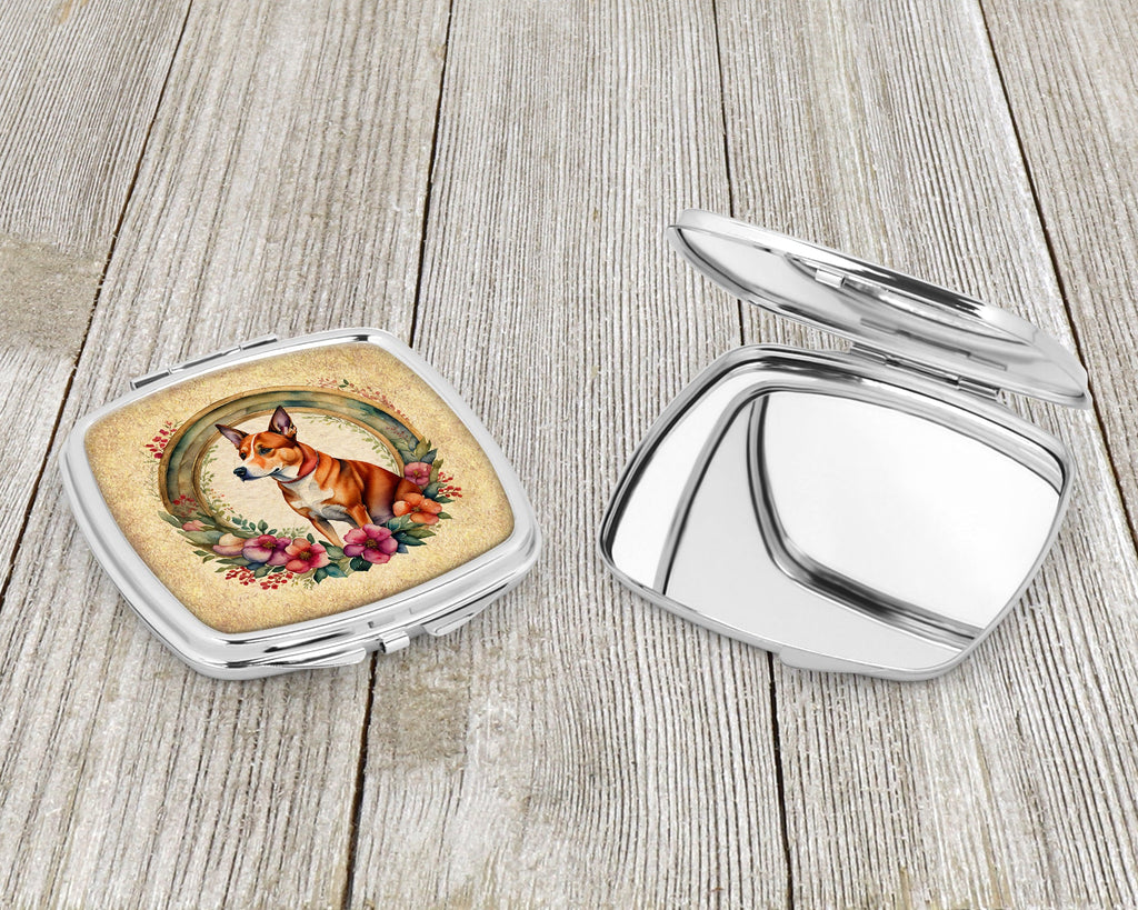 Basenji and Flowers Compact Mirror Decorative Travel Makeup Mirror for Women Girls Gifts Pocket Makeup Mirror Folding Handheld