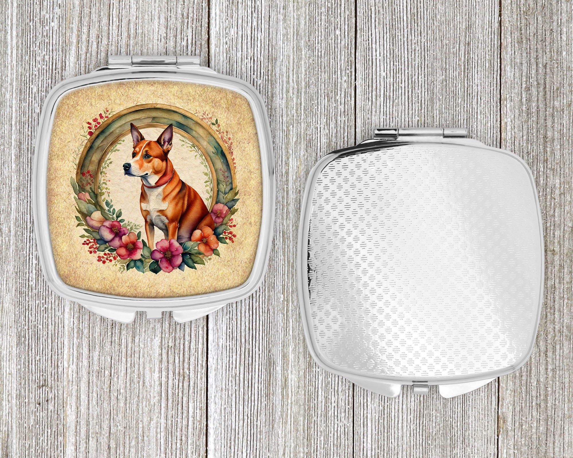 Basenji and Flowers Compact Mirror Decorative Travel Makeup Mirror for Women Girls Gifts Pocket Makeup Mirror Folding Handheld