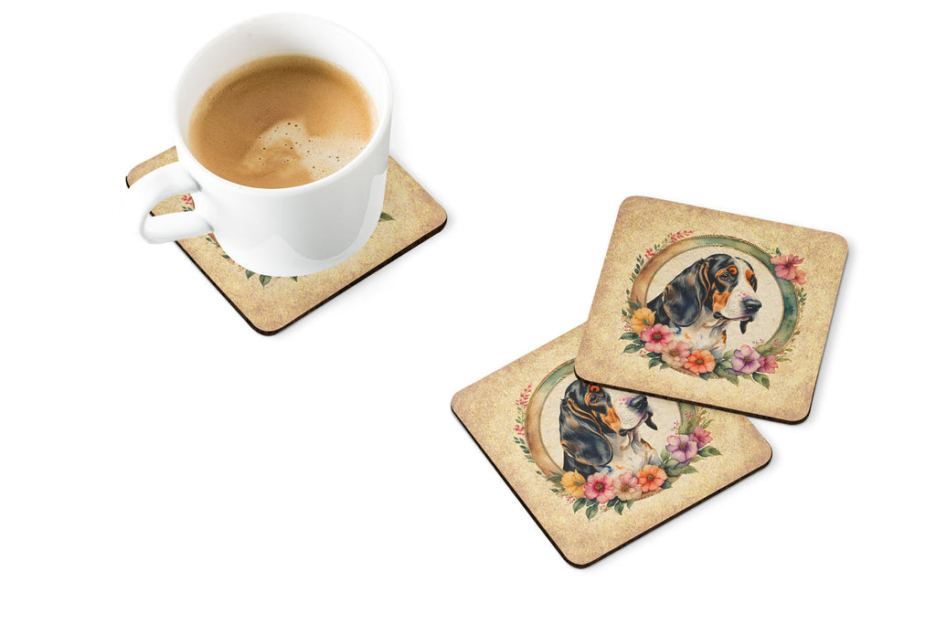 Basset Hound and Flowers Foam Coasters Set of 4 Cup Coasters for Indoor Outdoor, Tabletop Protection, Anti Slip, Mouse pad Material