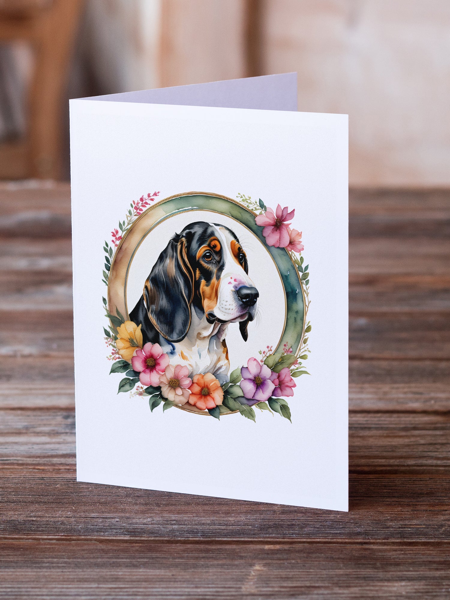 Basset Hound and Flowers Greeting Cards Pack of 8 Blank Cards with Envelopes Whimsical A7 Size 5x7
