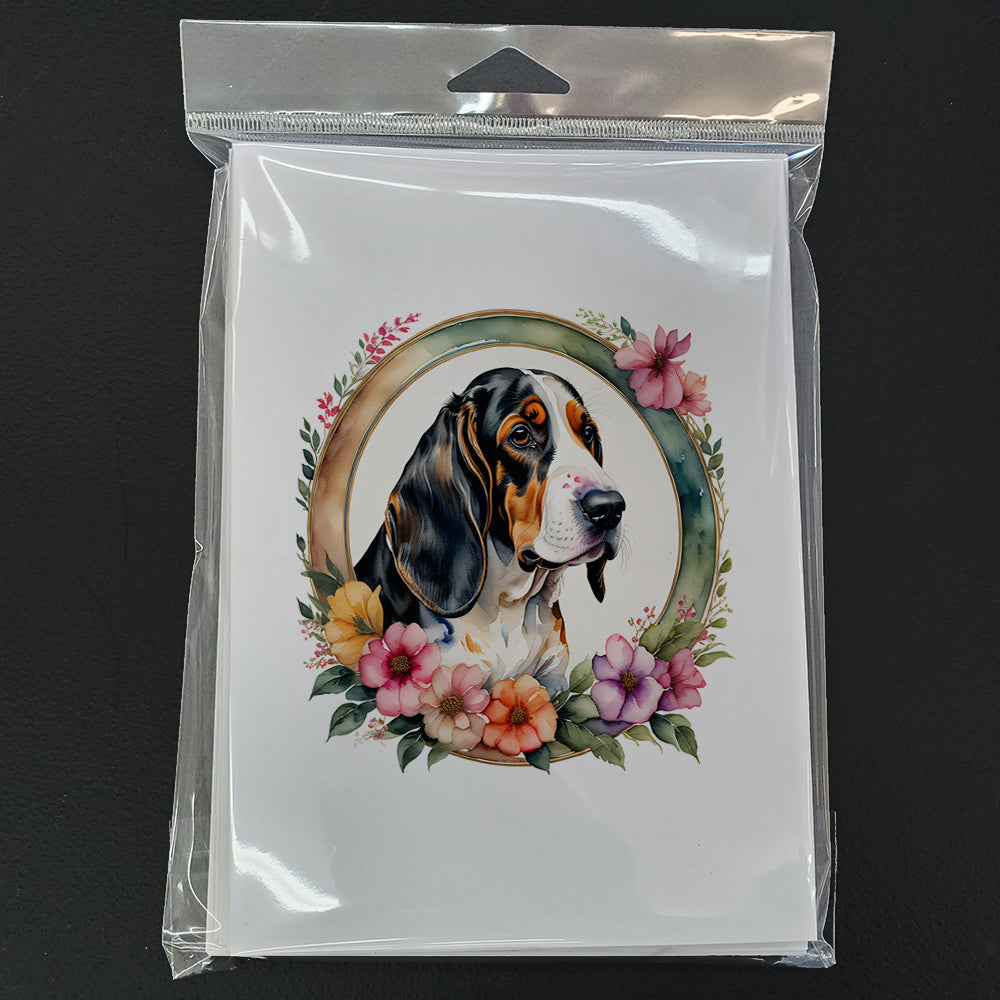 Basset Hound and Flowers Greeting Cards Pack of 8 Blank Cards with Envelopes Whimsical A7 Size 5x7