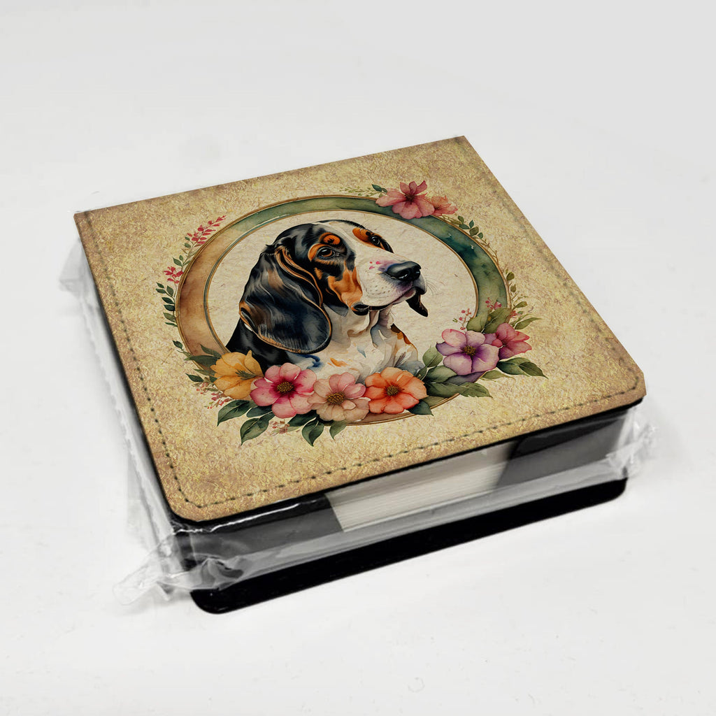 Basset Hound and Flowers PU Leather Note Paper Holder with Artist-Designed Cover, Desk Accessory, Office Gift