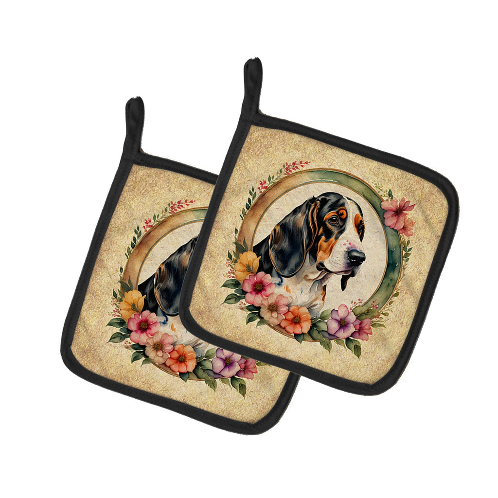Basset Hound and Flowers Pot Holder Set of 2 Heat Resistant Quilted Hot Pads 7.5 x 7.5 Inch, Insulated Kitchen Trivets for Cooking & Baking