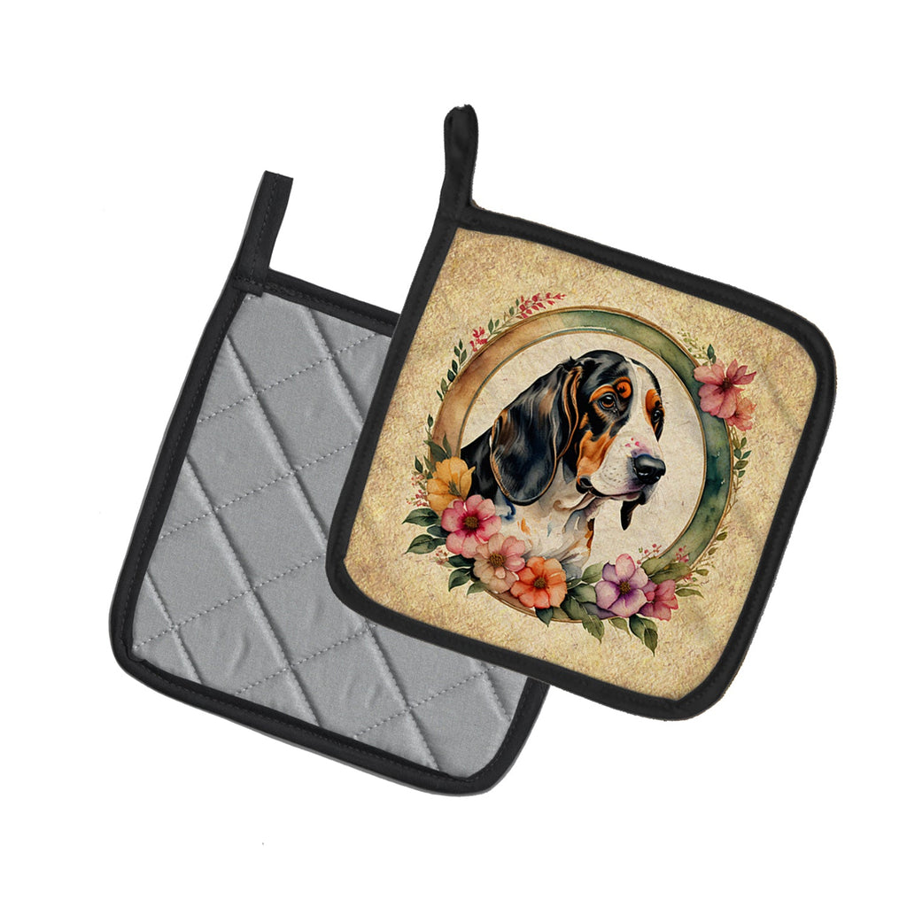 Basset Hound and Flowers Pot Holder Set of 2 Heat Resistant Quilted Hot Pads 7.5 x 7.5 Inch, Insulated Kitchen Trivets for Cooking & Baking