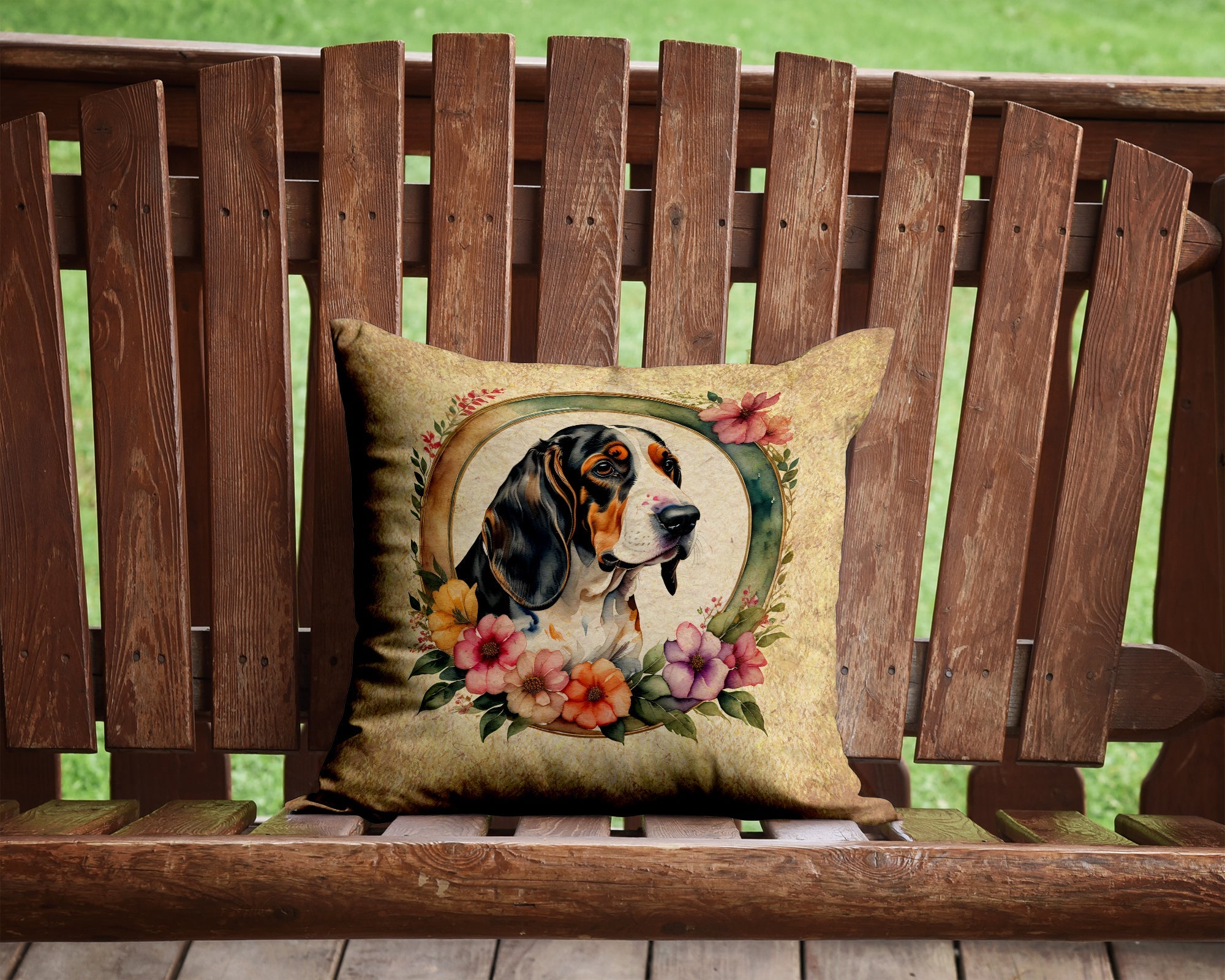 Basset Hound and Flowers Decorative Throw Pillow 14x14 Indoor Outdoor Accent Cushion, Fabric Cover with Insert for Sofa, Bed, Porch & Living Room
