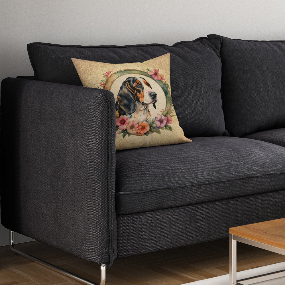 Basset Hound and Flowers Decorative Throw Pillow 14x14 Indoor Outdoor Accent Cushion, Fabric Cover with Insert for Sofa, Bed, Porch & Living Room