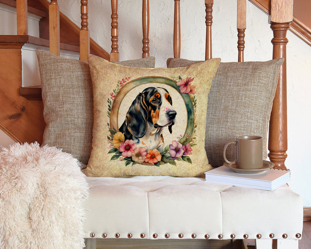 Basset Hound and Flowers Decorative Throw Pillow 14x14 Indoor Outdoor Accent Cushion, Fabric Cover with Insert for Sofa, Bed, Porch & Living Room