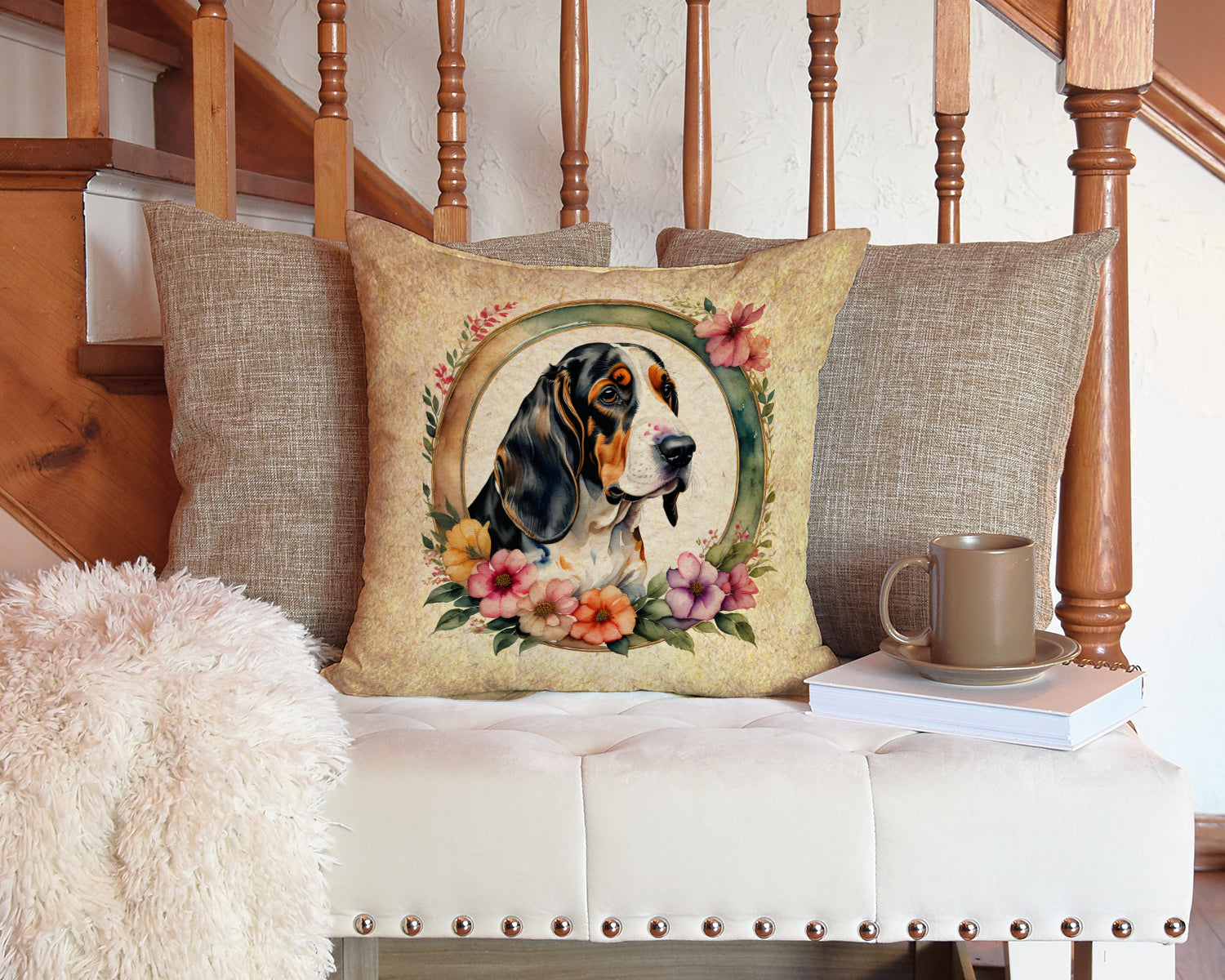 Basset Hound and Flowers Decorative Throw Pillow 14x14 Indoor Outdoor Accent Cushion, Fabric Cover with Insert for Sofa, Bed, Porch & Living Room