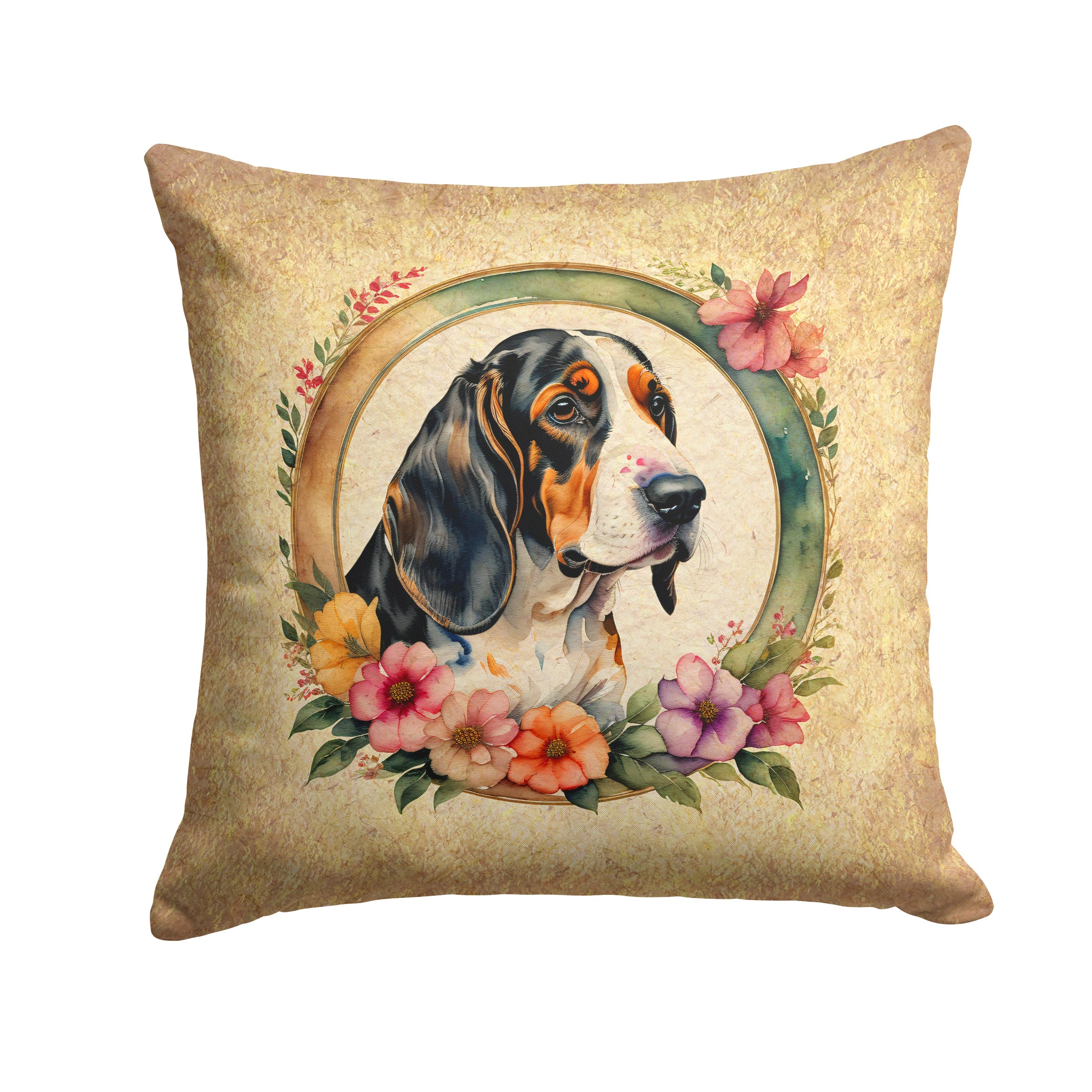 Basset Hound and Flowers Decorative Throw Pillow 18x18 Indoor Outdoor Accent Cushion, Fabric Cover with Insert for Sofa, Bed, Porch & Living Room