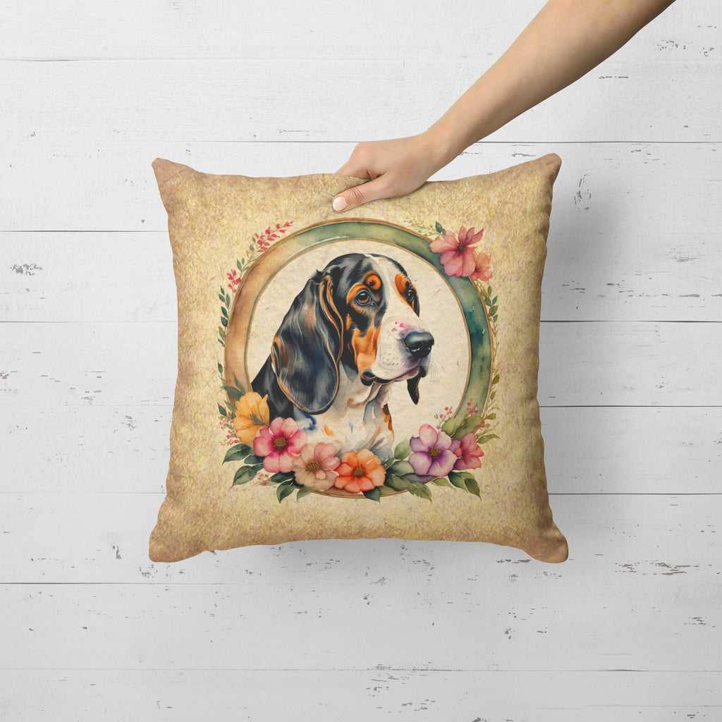 Basset Hound and Flowers Decorative Throw Pillow 18x18 Indoor Outdoor Accent Cushion, Fabric Cover with Insert for Sofa, Bed, Porch & Living Room
