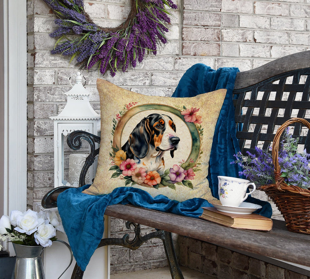 Basset Hound and Flowers Decorative Throw Pillow 18x18 Indoor Outdoor Accent Cushion, Fabric Cover with Insert for Sofa, Bed, Porch & Living Room