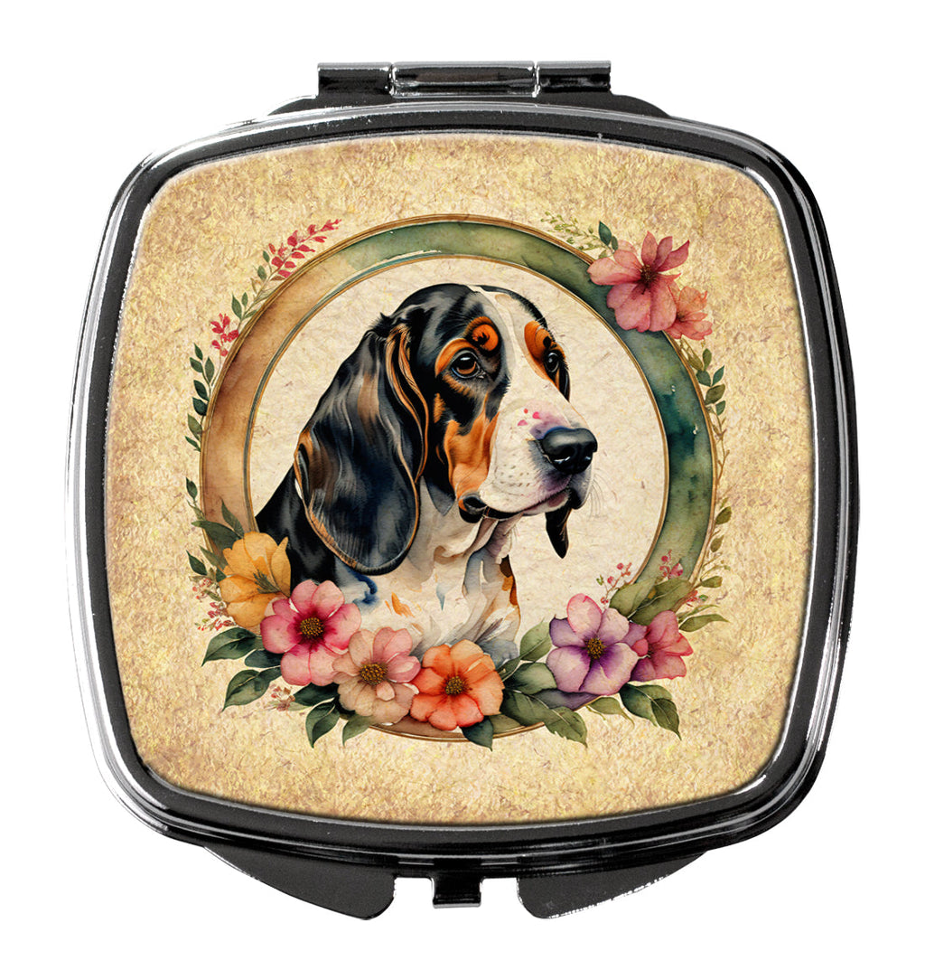 Basset Hound and Flowers Compact Mirror Decorative Travel Makeup Mirror for Women Girls Gifts Pocket Makeup Mirror Folding Handheld