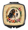 Basset Hound and Flowers Compact Mirror Decorative Travel Makeup Mirror for Women Girls Gifts Pocket Makeup Mirror Folding Handheld