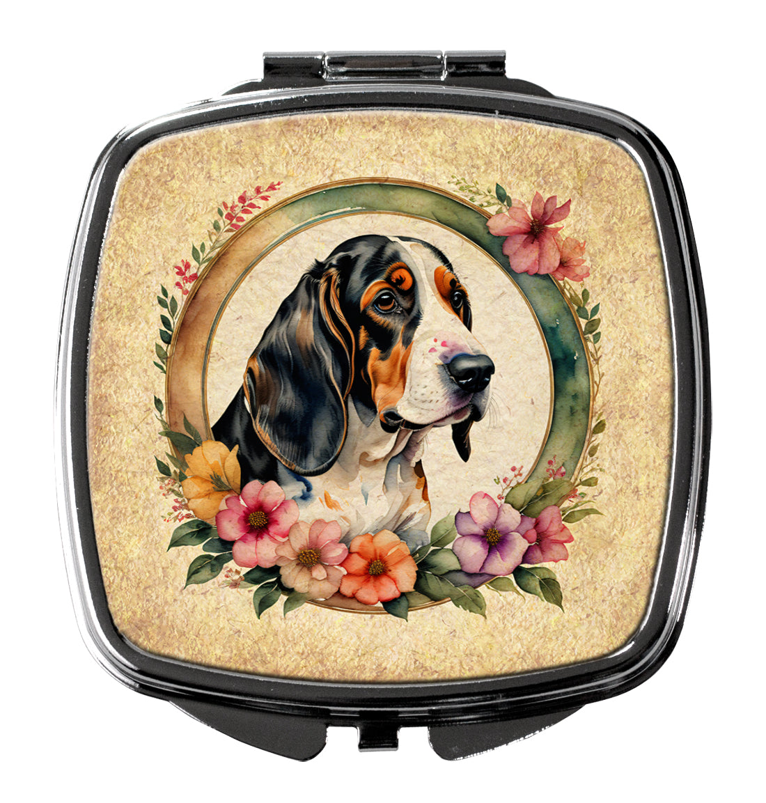 Basset Hound and Flowers Compact Mirror Decorative Travel Makeup Mirror for Women Girls Gifts Pocket Makeup Mirror Folding Handheld
