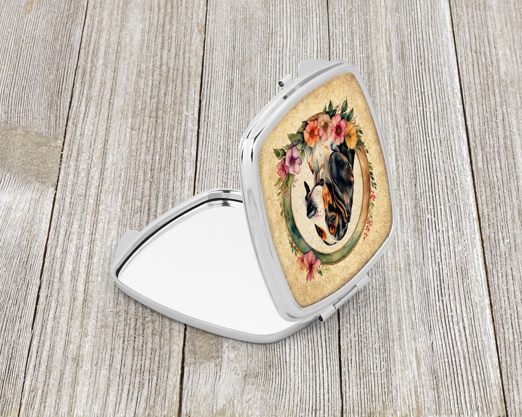 Basset Hound and Flowers Compact Mirror Decorative Travel Makeup Mirror for Women Girls Gifts Pocket Makeup Mirror Folding Handheld