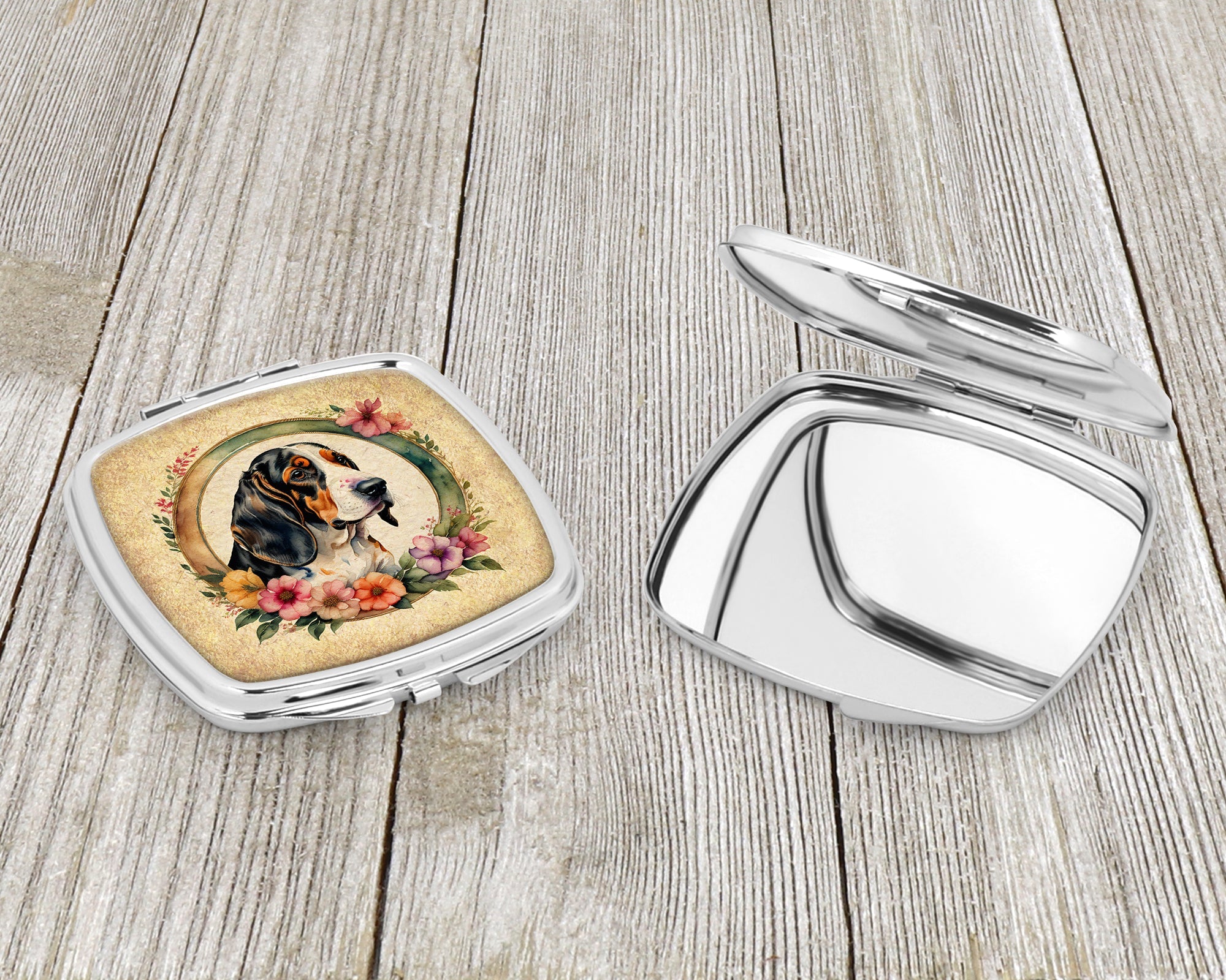 Basset Hound and Flowers Compact Mirror Decorative Travel Makeup Mirror for Women Girls Gifts Pocket Makeup Mirror Folding Handheld