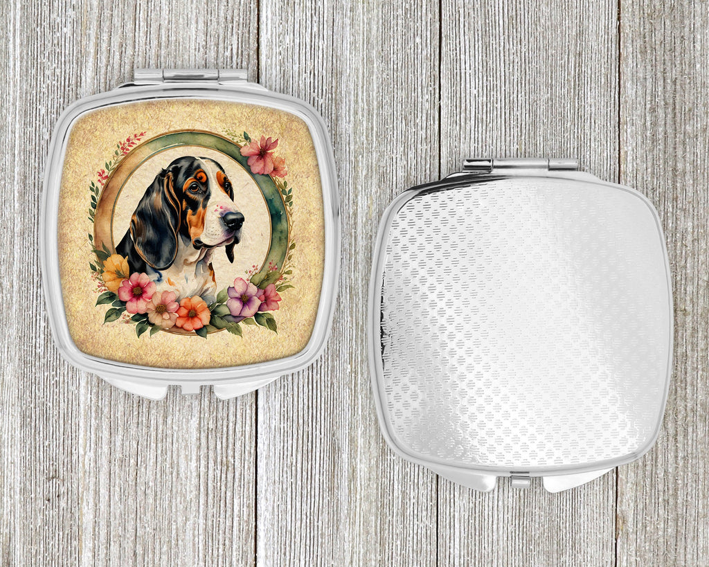 Basset Hound and Flowers Compact Mirror Decorative Travel Makeup Mirror for Women Girls Gifts Pocket Makeup Mirror Folding Handheld
