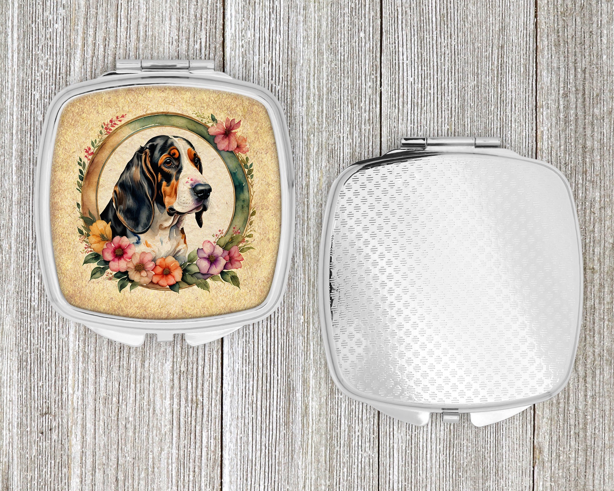 Basset Hound and Flowers Compact Mirror Decorative Travel Makeup Mirror for Women Girls Gifts Pocket Makeup Mirror Folding Handheld