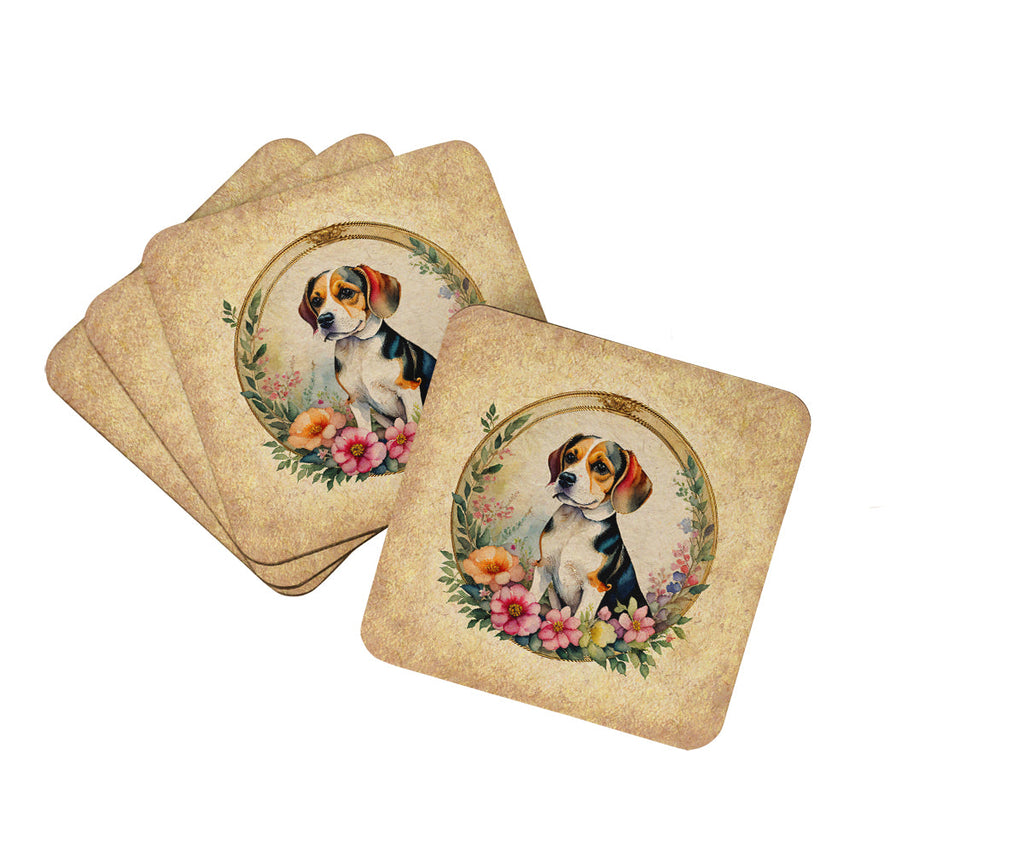Beagle and Flowers Foam Coasters Set of 4 Cup Coasters for Indoor Outdoor, Tabletop Protection, Anti Slip, Mouse pad Material