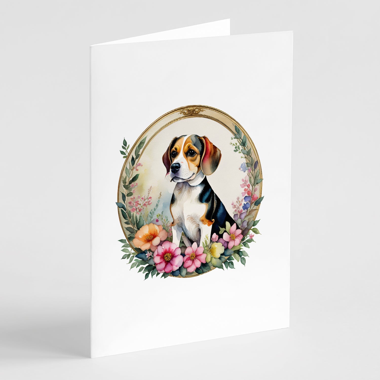 Beagle and Flowers Greeting Cards Pack of 8 Blank Cards with Envelopes Whimsical A7 Size 5x7