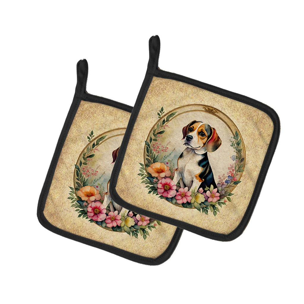 Beagle and Flowers Pot Holder Set of 2 Heat Resistant Quilted Hot Pads 7.5 x 7.5 Inch, Insulated Kitchen Trivets for Cooking & Baking
