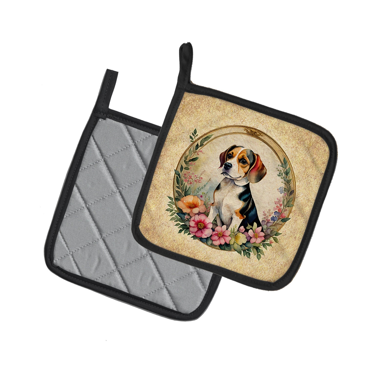 Beagle and Flowers Pot Holder Set of 2 Heat Resistant Quilted Hot Pads 7.5 x 7.5 Inch, Insulated Kitchen Trivets for Cooking & Baking