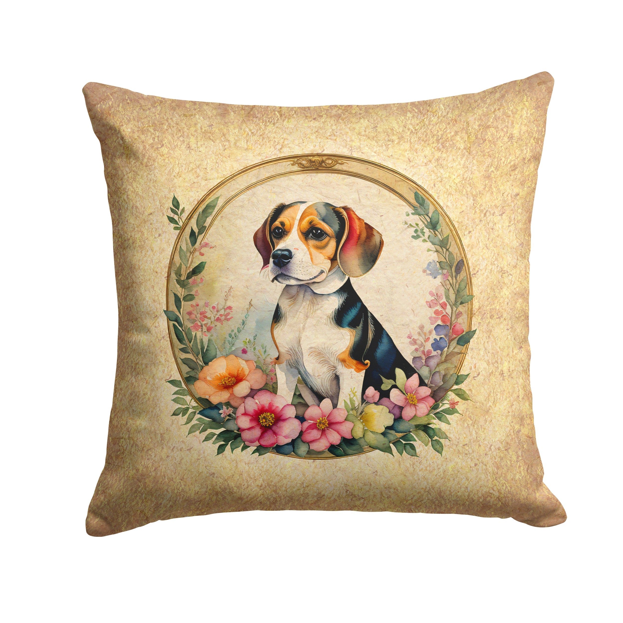 Beagle and Flowers Decorative Throw Pillow 14x14 Indoor Outdoor Accent Cushion, Fabric Cover with Insert for Sofa, Bed, Porch & Living Room