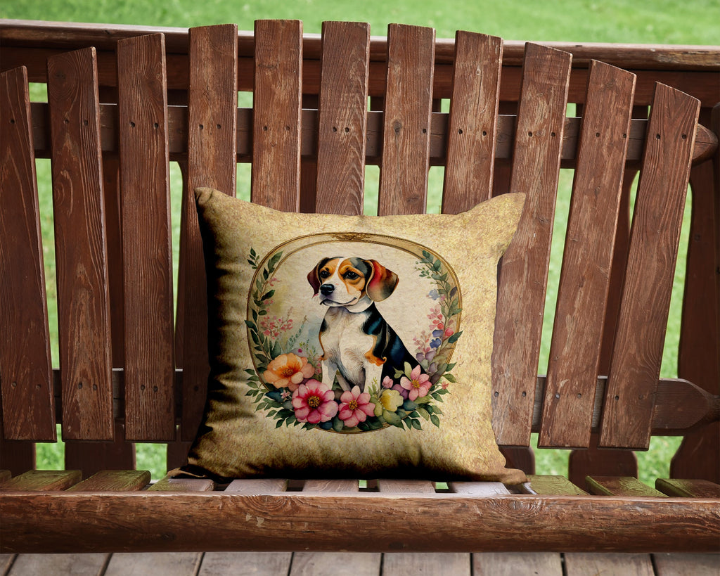 Beagle and Flowers Decorative Throw Pillow 14x14 Indoor Outdoor Accent Cushion, Fabric Cover with Insert for Sofa, Bed, Porch & Living Room