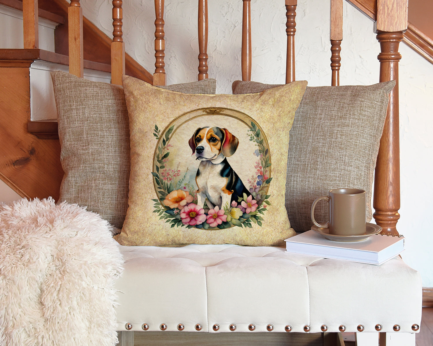 Beagle and Flowers Decorative Throw Pillow 14x14 Indoor Outdoor Accent Cushion, Fabric Cover with Insert for Sofa, Bed, Porch & Living Room