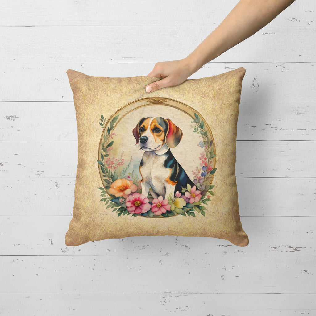 Beagle and Flowers Decorative Throw Pillow 18x18 Indoor Outdoor Accent Cushion, Fabric Cover with Insert for Sofa, Bed, Porch & Living Room