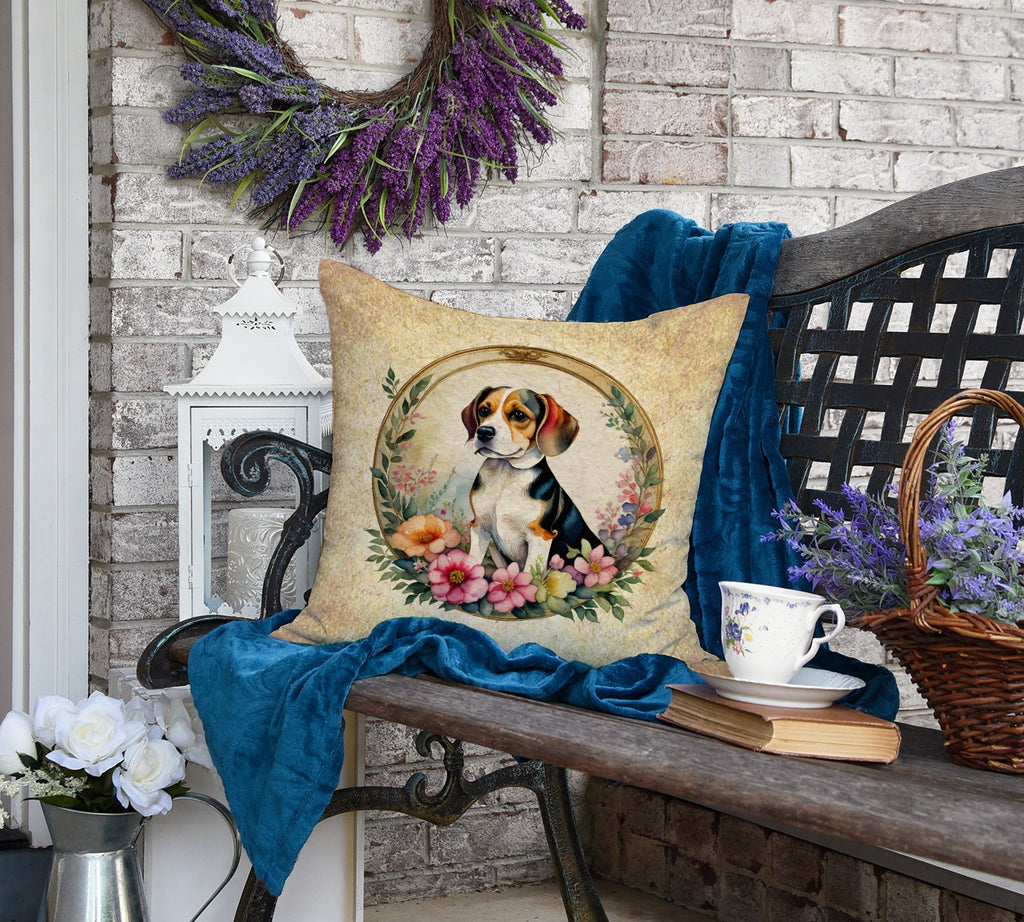 Beagle and Flowers Decorative Throw Pillow 18x18 Indoor Outdoor Accent Cushion, Fabric Cover with Insert for Sofa, Bed, Porch & Living Room