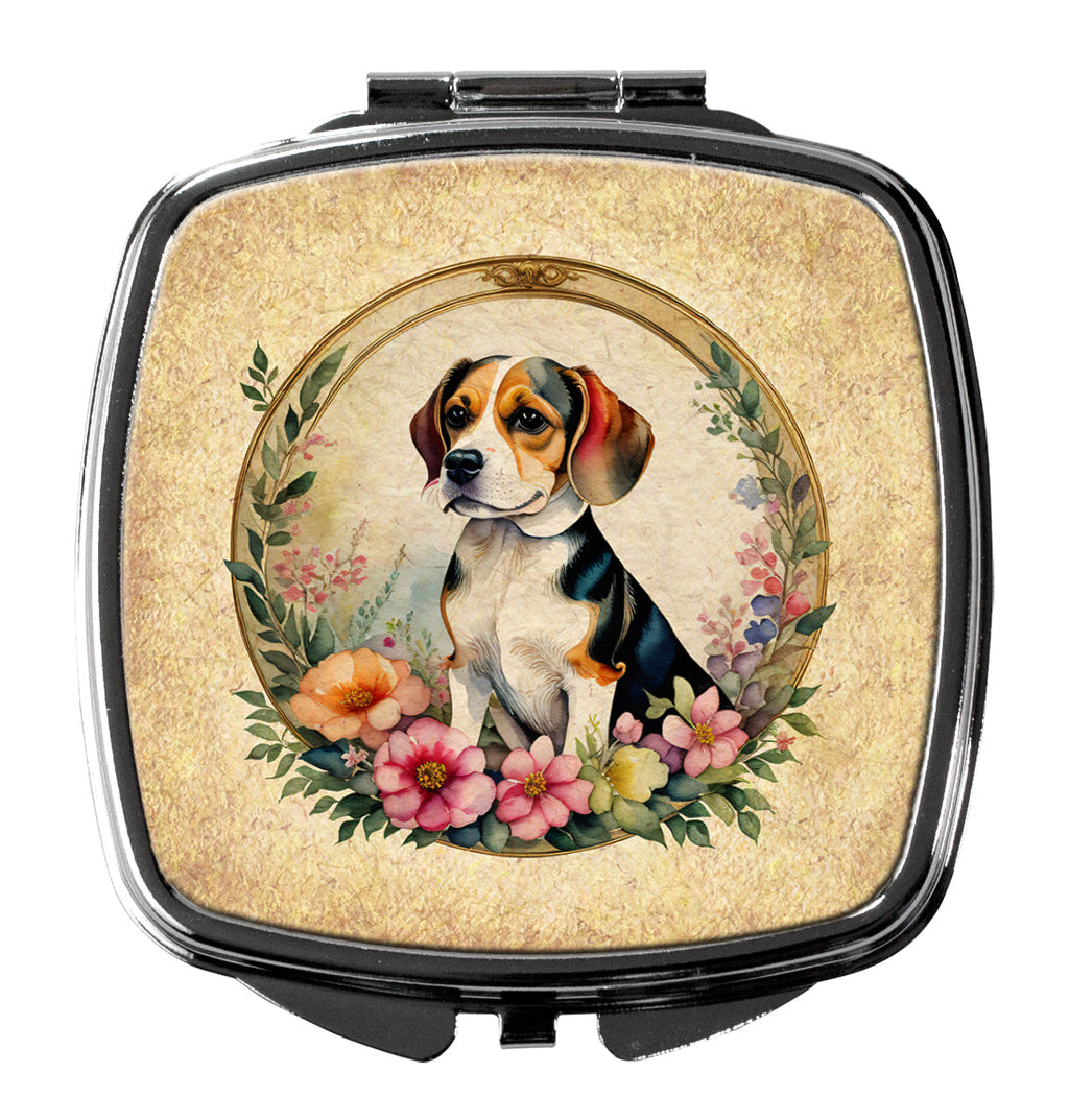 Beagle and Flowers Compact Mirror Decorative Travel Makeup Mirror for Women Girls Gifts Pocket Makeup Mirror Folding Handheld
