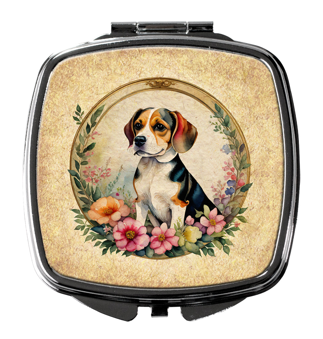Beagle and Flowers Compact Mirror Decorative Travel Makeup Mirror for Women Girls Gifts Pocket Makeup Mirror Folding Handheld
