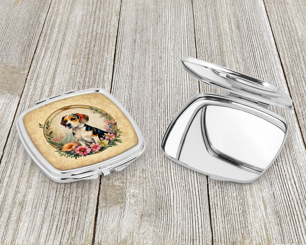 Beagle and Flowers Compact Mirror Decorative Travel Makeup Mirror for Women Girls Gifts Pocket Makeup Mirror Folding Handheld