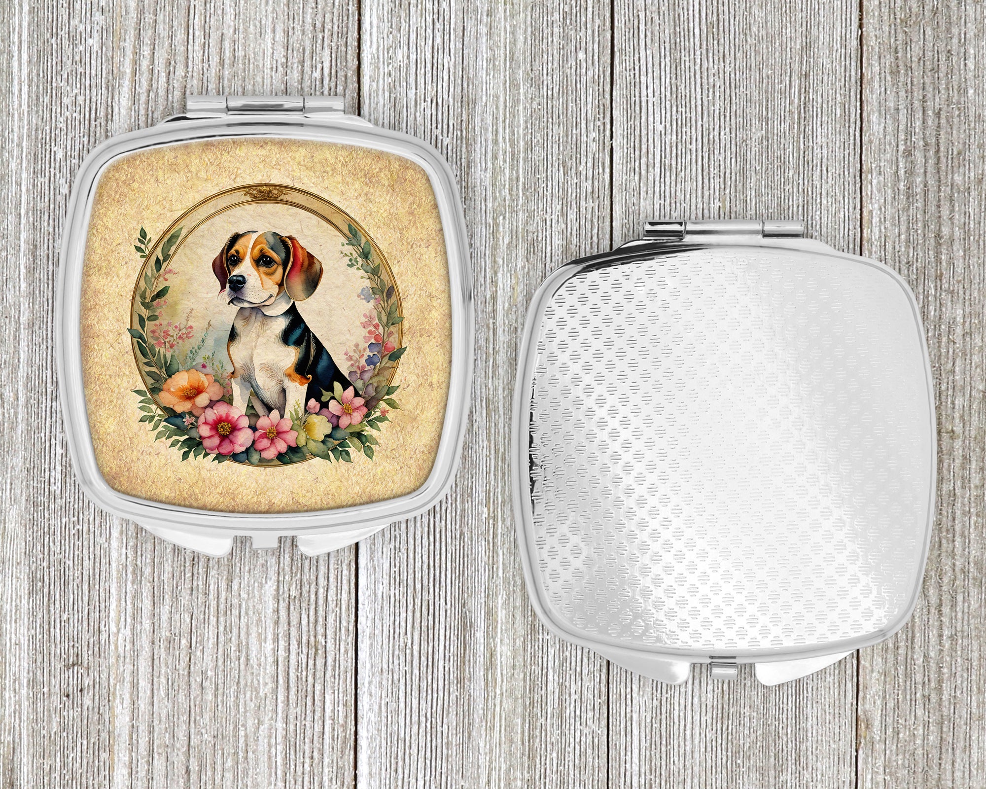 Beagle and Flowers Compact Mirror Decorative Travel Makeup Mirror for Women Girls Gifts Pocket Makeup Mirror Folding Handheld