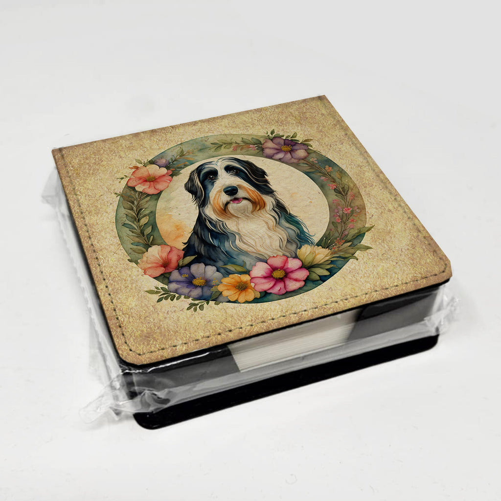 Bearded Collie and Flowers PU Leather Note Paper Holder with Artist-Designed Cover, Desk Accessory, Office Gift