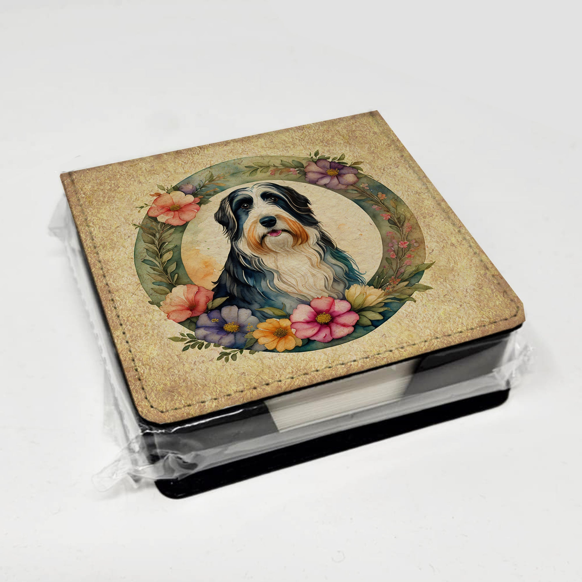 Bearded Collie and Flowers PU Leather Note Paper Holder with Artist-Designed Cover, Desk Accessory, Office Gift