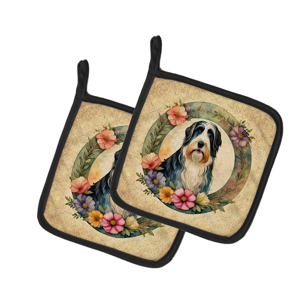 Bearded Collie and Flowers Pot Holder Set of 2 Heat Resistant Quilted Hot Pads 7.5 x 7.5 Inch, Insulated Kitchen Trivets for Cooking & Baking