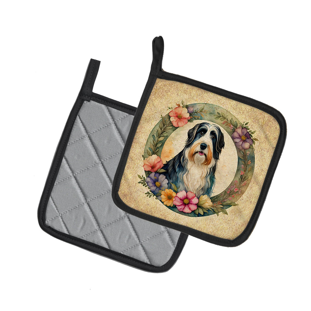 Bearded Collie and Flowers Pot Holder Set of 2 Heat Resistant Quilted Hot Pads 7.5 x 7.5 Inch, Insulated Kitchen Trivets for Cooking & Baking