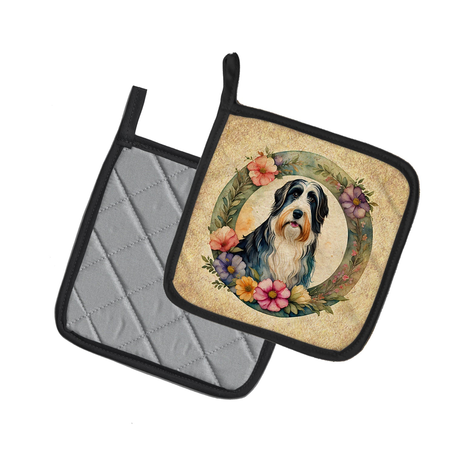 Bearded Collie and Flowers Pot Holder Set of 2 Heat Resistant Quilted Hot Pads 7.5 x 7.5 Inch, Insulated Kitchen Trivets for Cooking & Baking