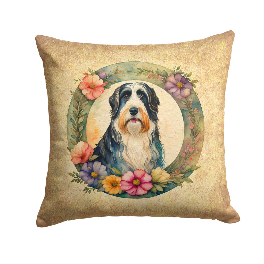 Bearded Collie and Flowers Decorative Throw Pillow 14x14 Indoor Outdoor Accent Cushion, Fabric Cover with Insert for Sofa, Bed, Porch & Living Room