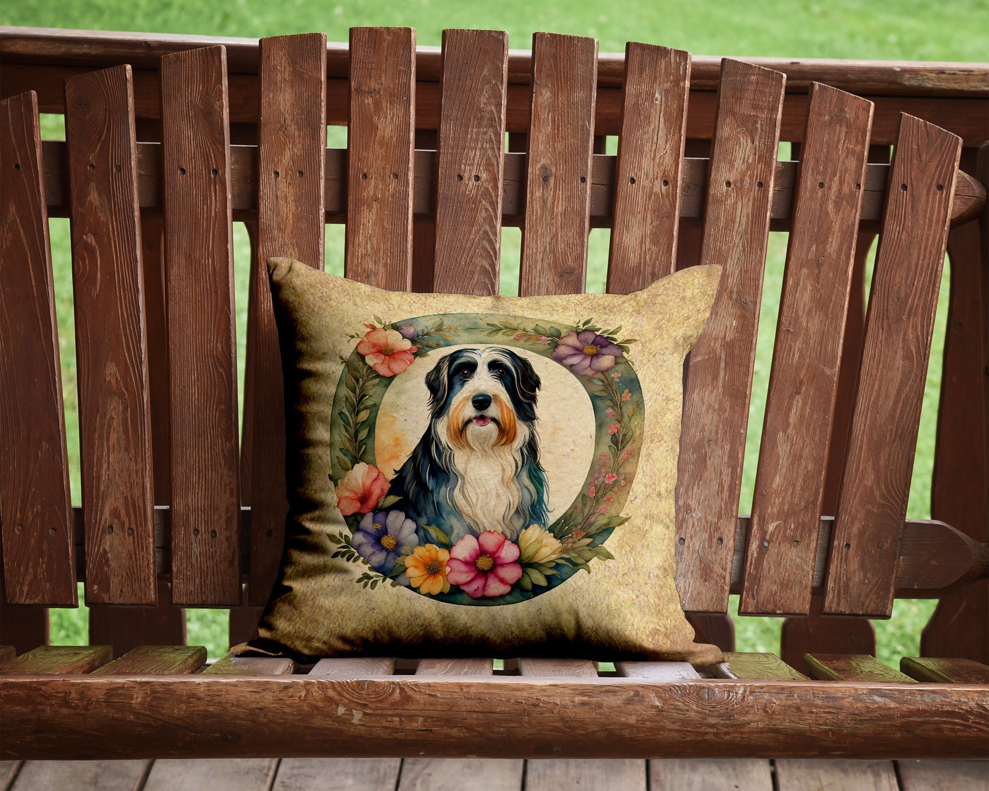 Bearded Collie and Flowers Decorative Throw Pillow 14x14 Indoor Outdoor Accent Cushion, Fabric Cover with Insert for Sofa, Bed, Porch & Living Room