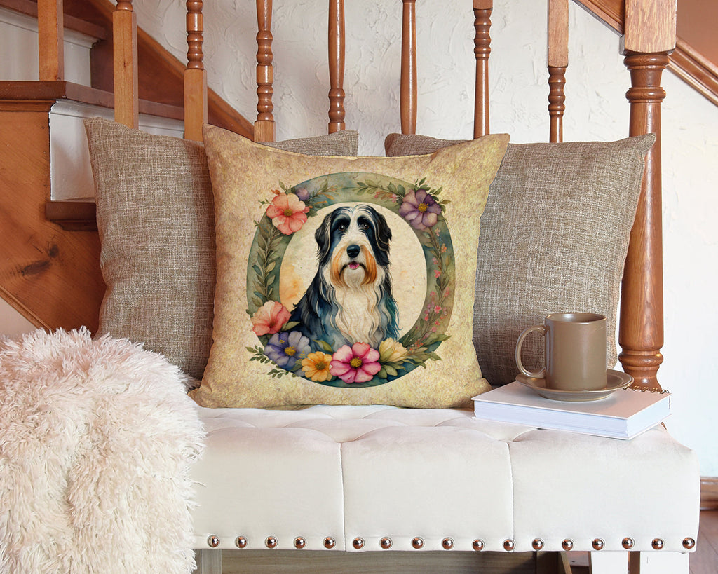 Bearded Collie and Flowers Decorative Throw Pillow 14x14 Indoor Outdoor Accent Cushion, Fabric Cover with Insert for Sofa, Bed, Porch & Living Room