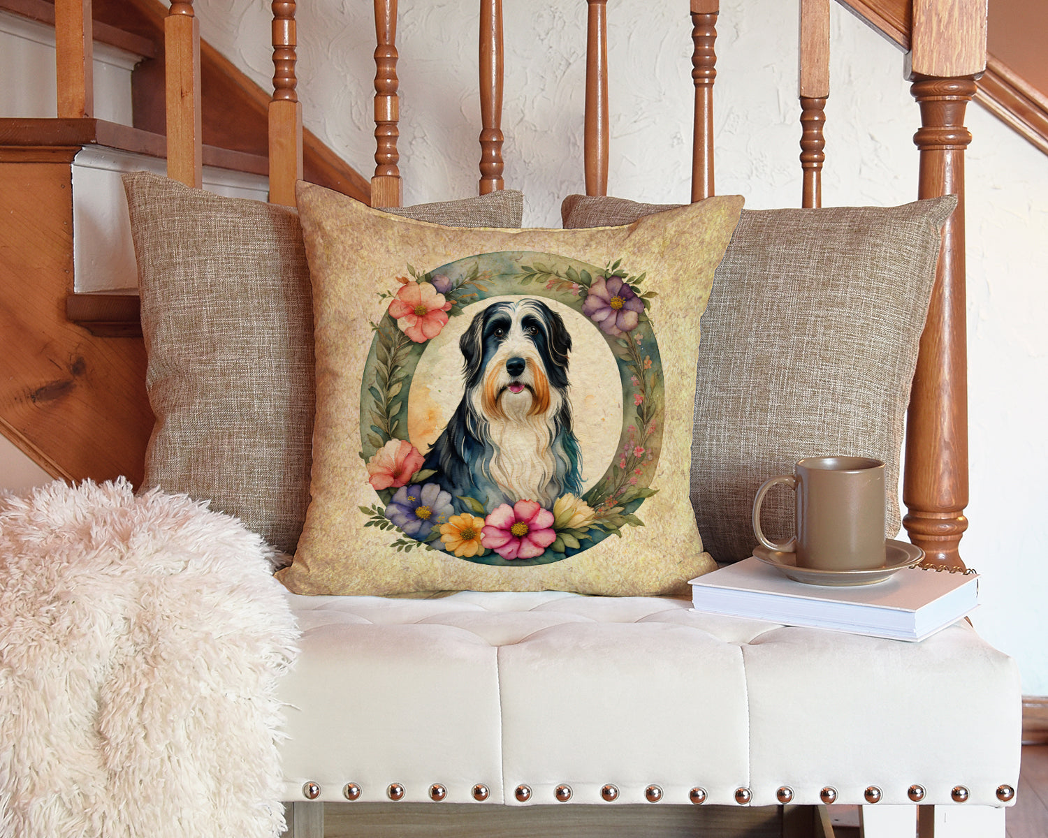 Bearded Collie and Flowers Decorative Throw Pillow 14x14 Indoor Outdoor Accent Cushion, Fabric Cover with Insert for Sofa, Bed, Porch & Living Room